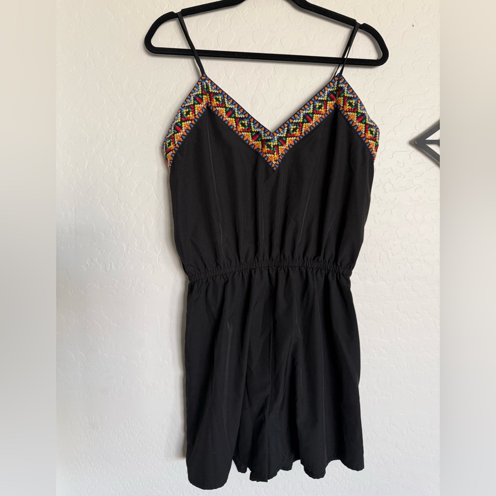 SHEIN Black Sleeveless Romper with Colorful Embroidered Trim - Large